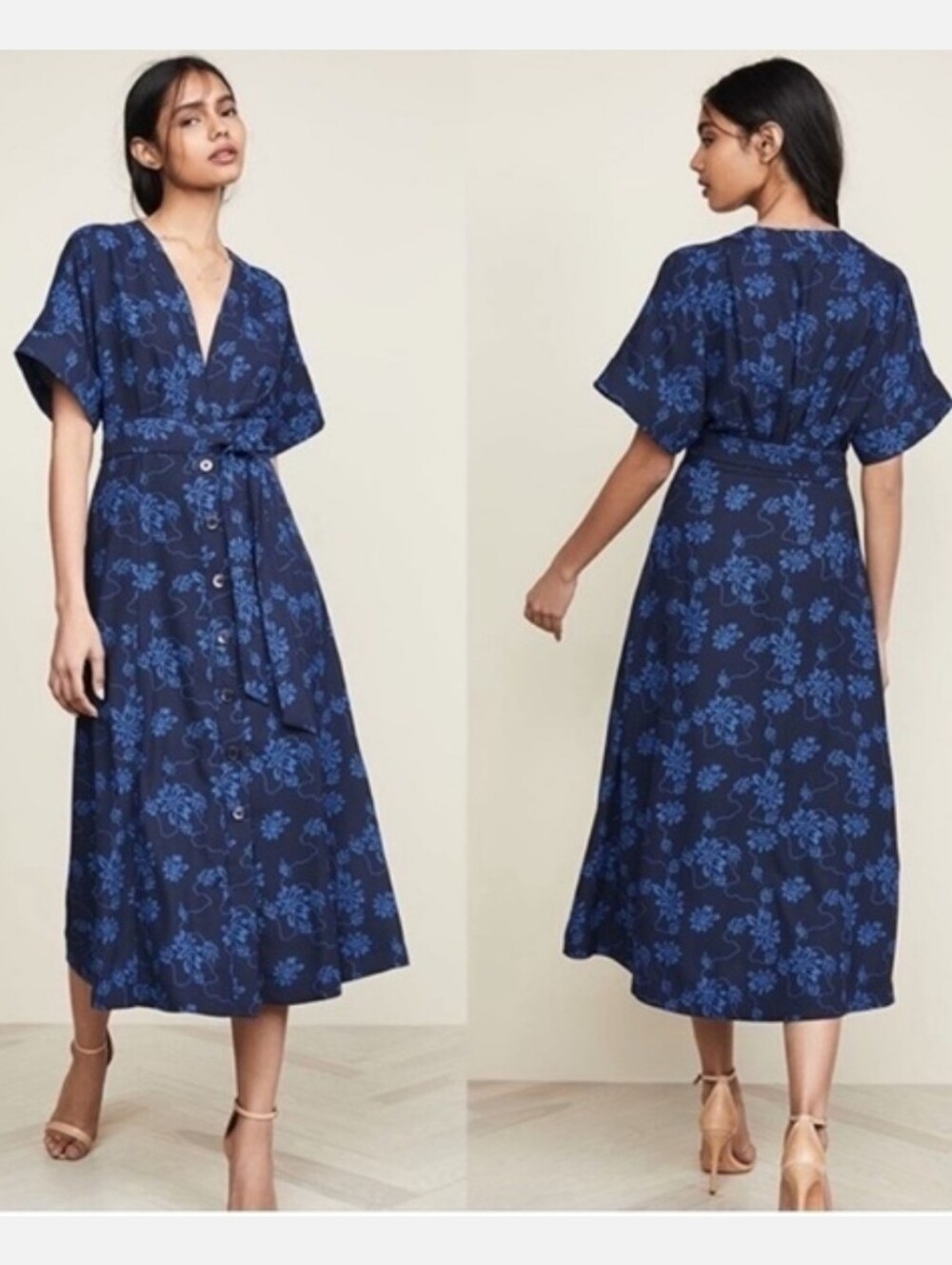 Equipment Nauman Eclipse Navy Blue A-Line Floral Print Crepe Midi Dress